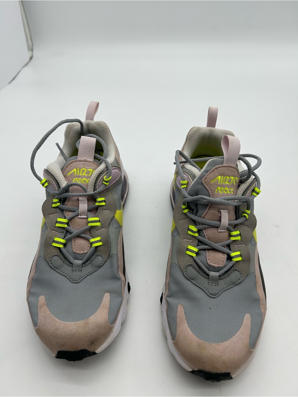 Nike Air Max 270 React Sneakers — Gray, Pink & Neon Yellow